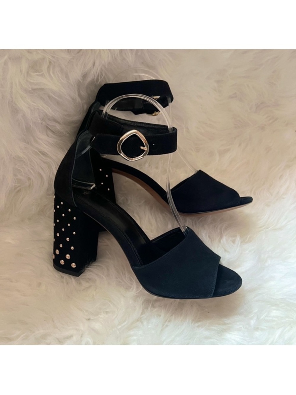 New! MAJE Paris Studded Embellished Block Square Heel Suede Sandals - Picture 8 of 11